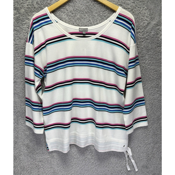 T By Talbots Large Stripe Shirt Boat Neck White Pink‎ Ribbed Texture Coastal NWT - Picture 1 of 7